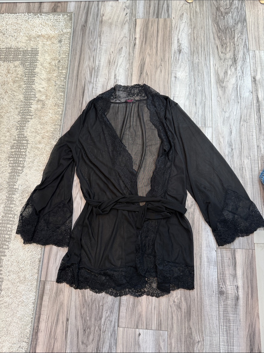 Black Lace-Trim Sheer Robe with Tie Belt - Women Intimates & Sleepwear